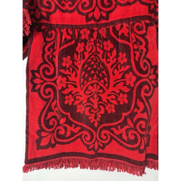 VTG Fieldcrest Sz M Towel Mini Dress Red & Burgundy Damask Pattern Fringe RARE - Picture 10 of 11